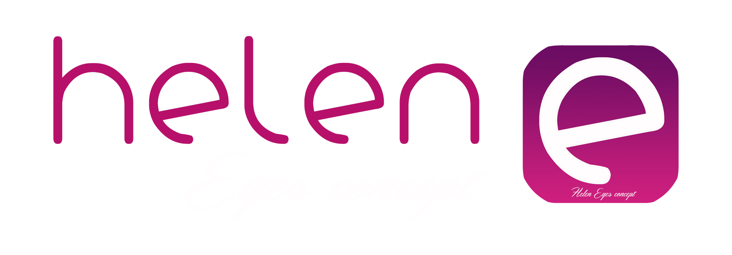 logo con scritta helen color viola e eyes concept color bianco e simbolo accanto con una e stilizzata in un quadrato