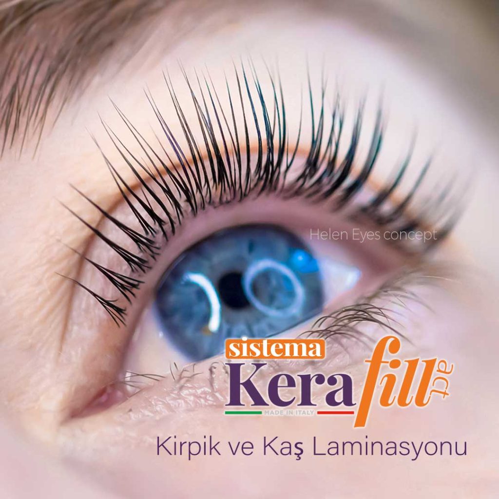 Kirpik Laminat ile mavi gözün yakın çekimi