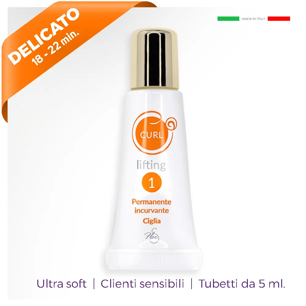 Permanente sopracciglia e ciglia N1 Curl lifting Tubetto cosmetico bianco tappo oro in piedi con scritta arancione
