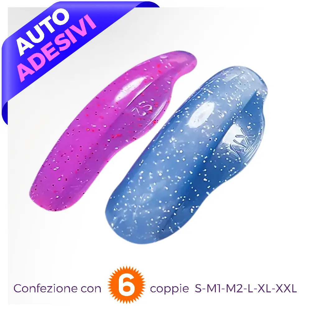 Pad ciglia autoadesivi senza colla foto di due pad occhi uno viola uno azzurro con scritta al centro auto adesive
