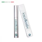 Excellentia Siero ricrescita Ciglia contenitore e scatolina copia contenitore cosmetico siero ciglia argento in piedi con scatolina bianca poggiata accanto
