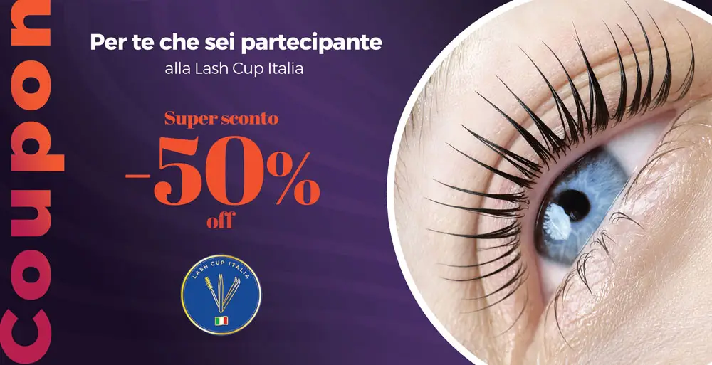 coupon viola con scritte arancio e un occhio in primo piano