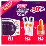 tre prodotti cosmetici in piedi con fondo Viola e rosso e scritta -30%