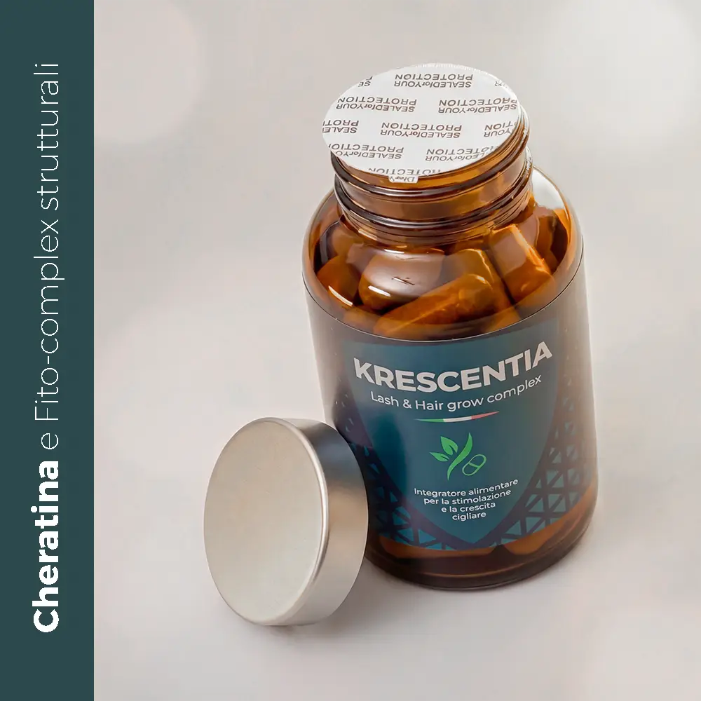 contenitore per capsule integratore ambrato con etichetta verde con tappo aperto