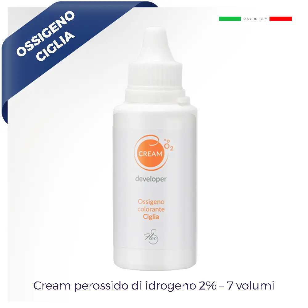 ossigeno laminazione ciglia contenitore cosmetico bianco in piedi con bollino arancione al centro