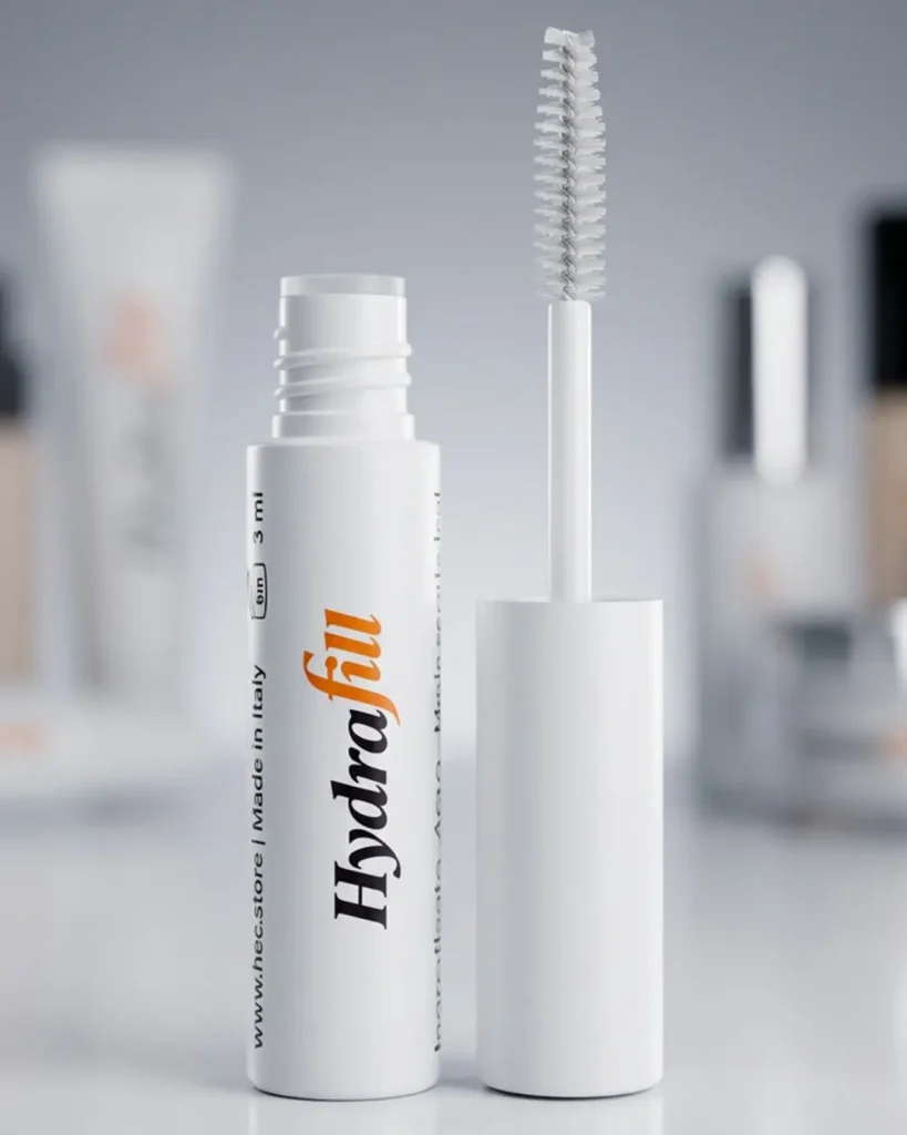 flacone bianco tipo mascara con tappo aperto e setole visibili colore bianco